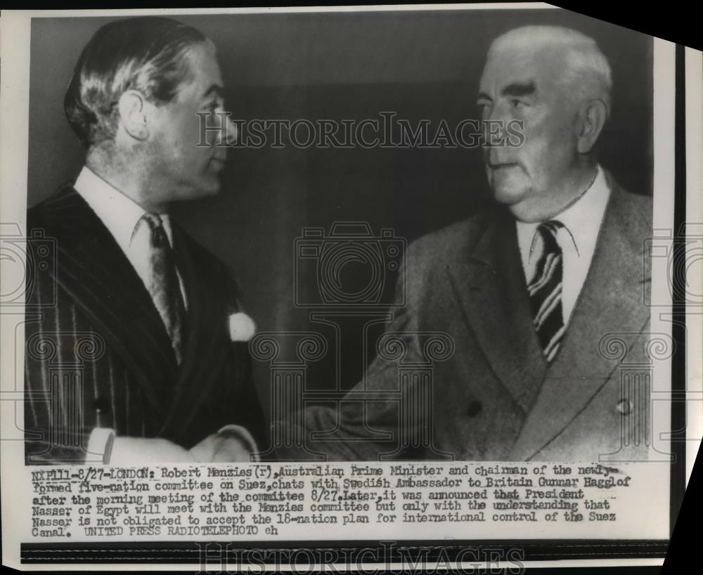 1956 Press Photo Robert Menzies Australiam Premier and Gunnar Hagglof of Britain - Historic Images