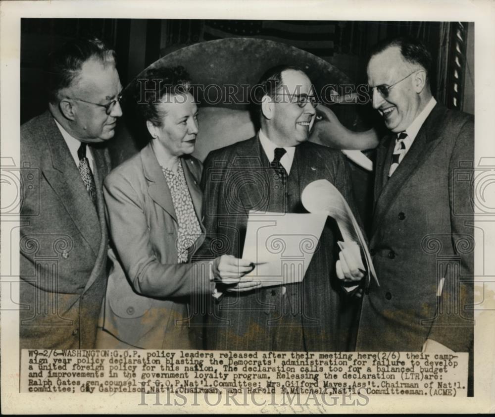 1950 Press Photo GOP leaders Ralph Gates, Mrs Gilford Maves,Guy Gabrielson - Historic Images