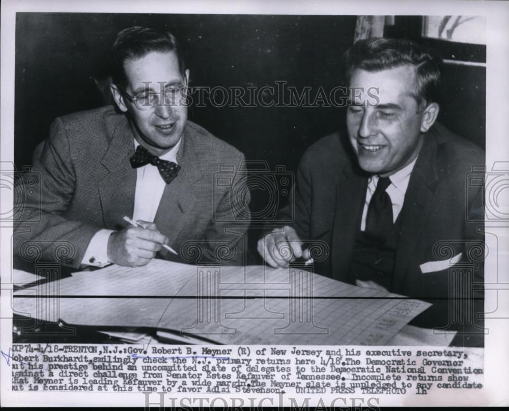 1956 Press Photo Gov. Robert Meyner of N.J and Executive Sec.Robert Burkhardt - Historic Images