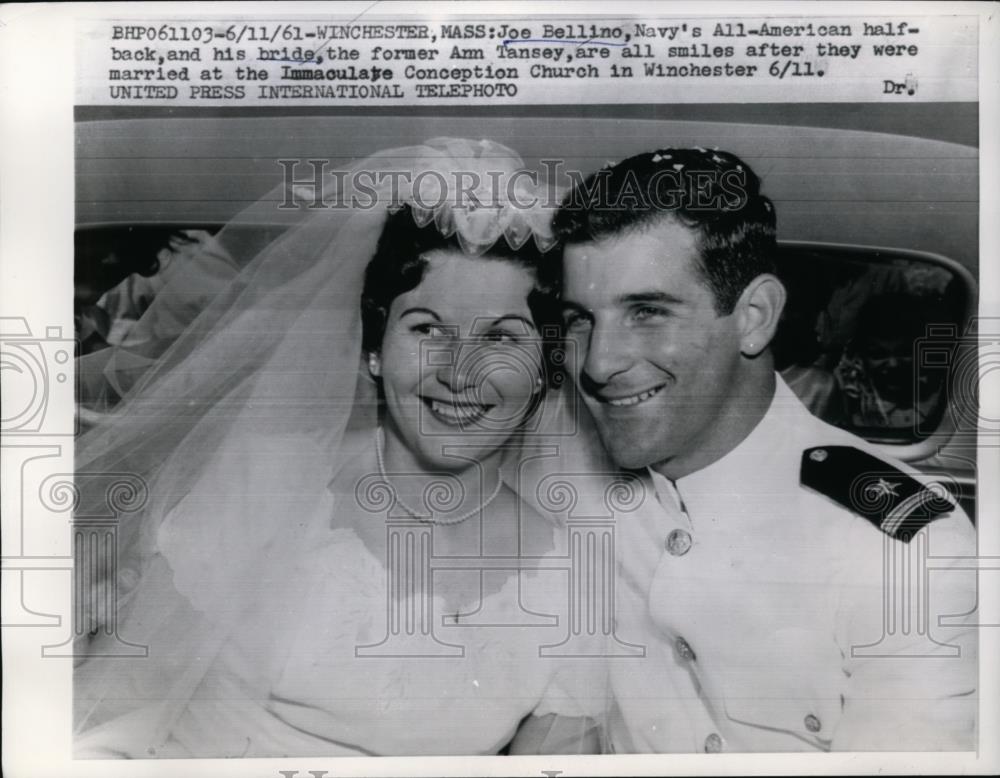 1961 Press Photo Joe Nellino Navy All American HB weds Ann Tansey in MA - Historic Images