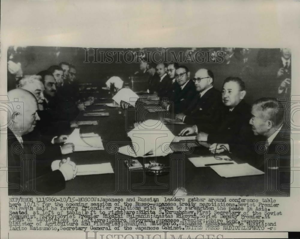 1956 Press Photo Japanese &amp; Russian Leaders at Russia-Japanse Treaty negotiation - Historic Images