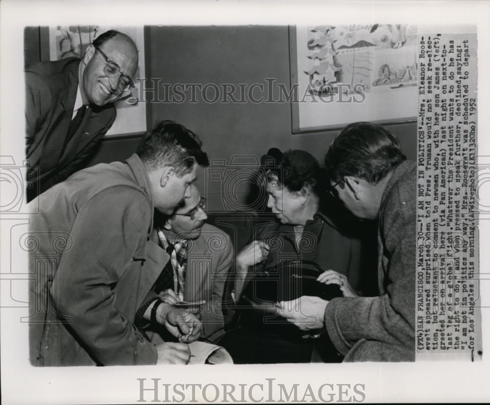 1952 Wire Photo Mrs. Elanor Roosevelt and James Roosevelt in Press Conference - Historic Images