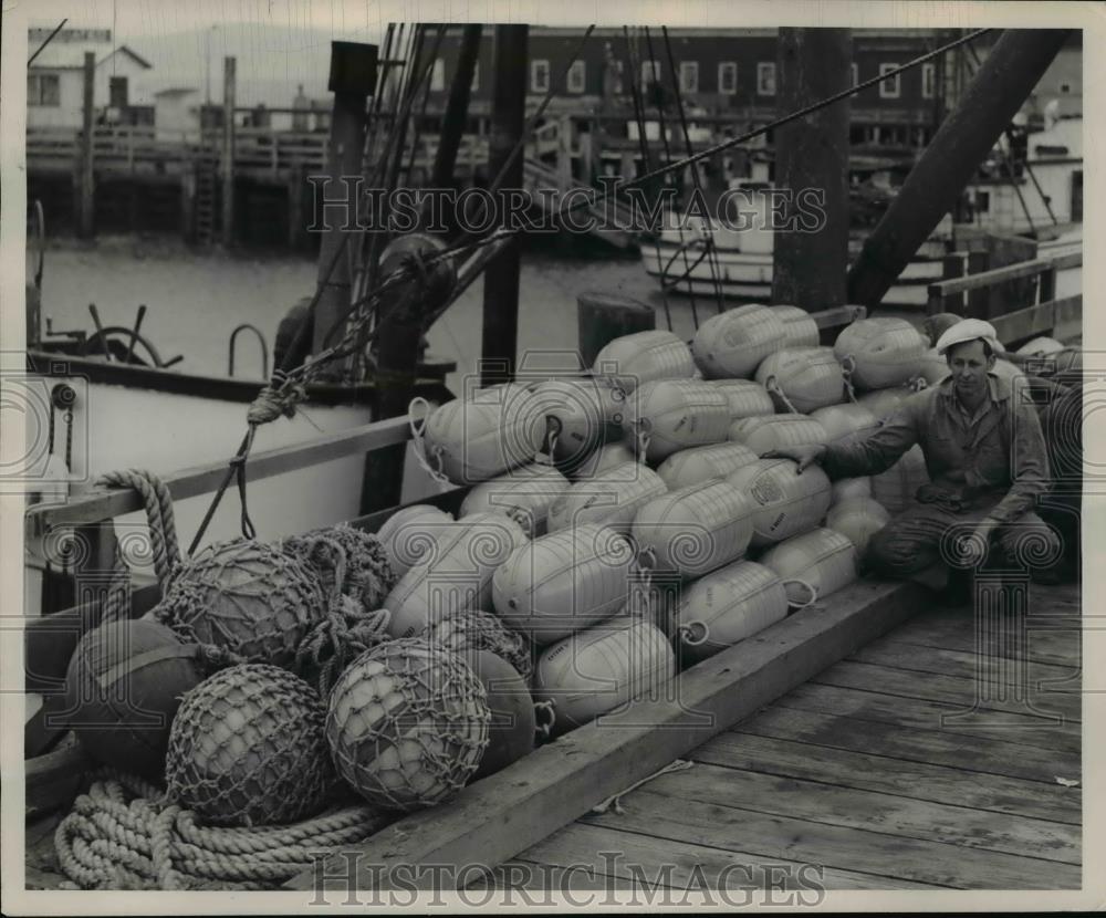 1948 Press Photo Conventional round metal floats for shark nets used by Argo - Historic Images