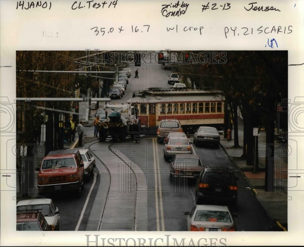 2001 Press Photo A derailed trolley seen down the road in Portland - orb29946 - Historic Images