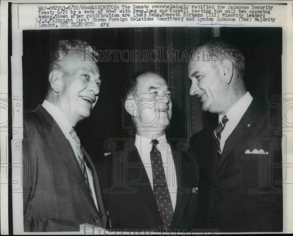 1960 Press Photo Sen.Everett Dirksen, J.W. Fulbright and Lyndon Johnson - Historic Images