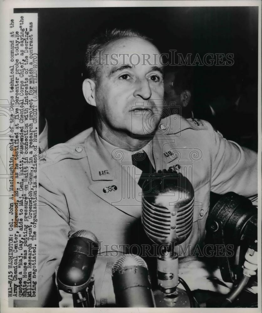 1949 Press Photo Col.John A McLaughlin testified at five percenter probe - Historic Images