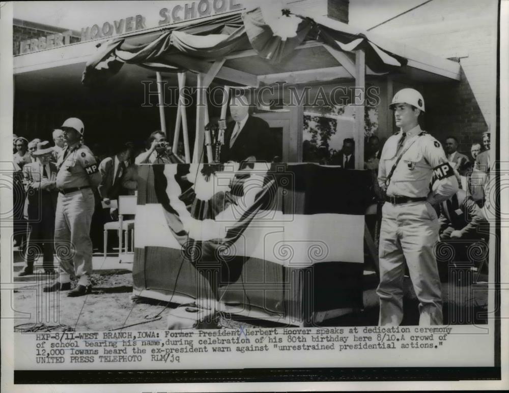 1954 Press Photo Former Pres. Hoover speaks at dedication ceremony, Iowa - Historic Images