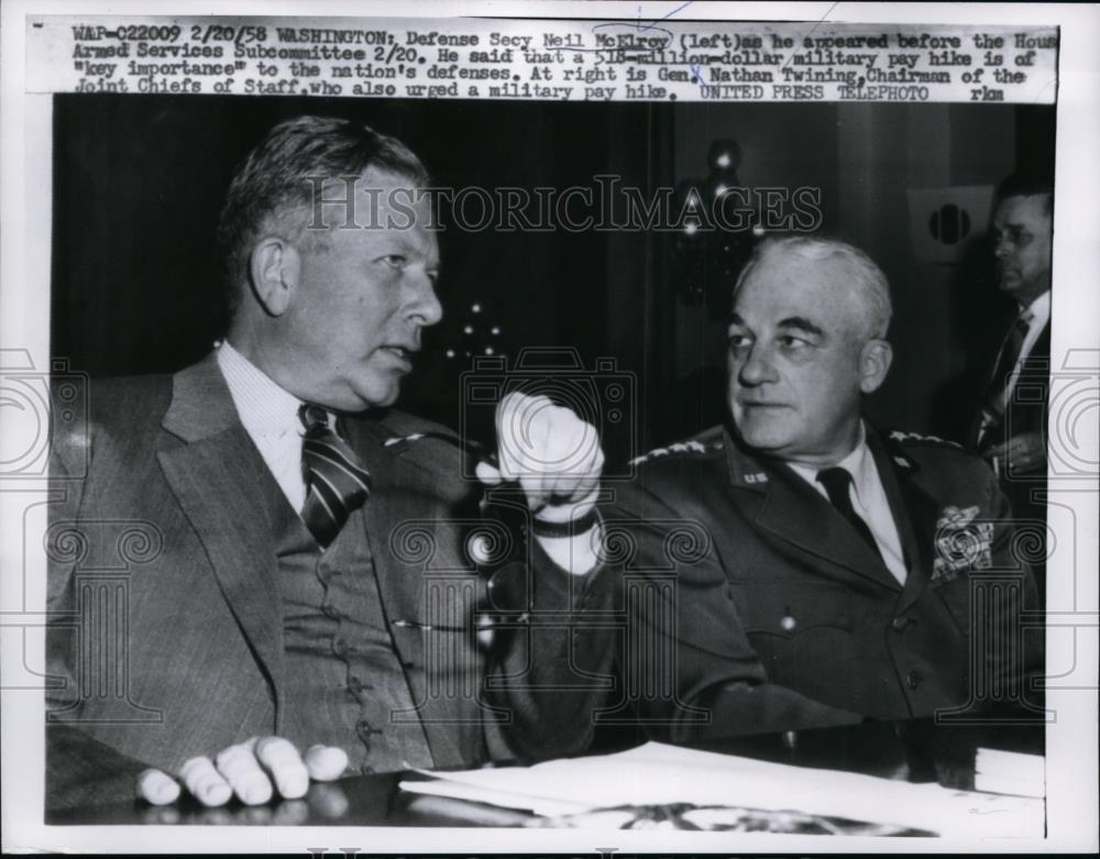 1958 Press Photo Neil McElroy Sec.of Defense at House Armed Service Sumcommittee - Historic Images