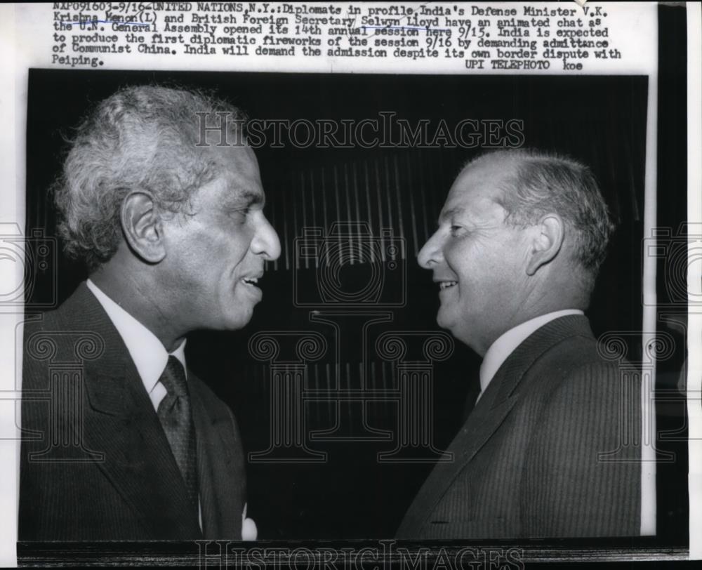 1959 Press Photo Krishna Menon of India and Selwyn Lloyd Britain at UN Assembly - Historic Images