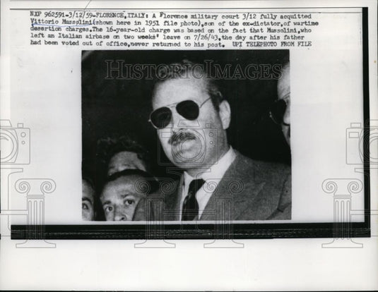 1959 Press Photo Vittorio Mussolini son of ex Italy dictator acquitted at trial - Historic Images