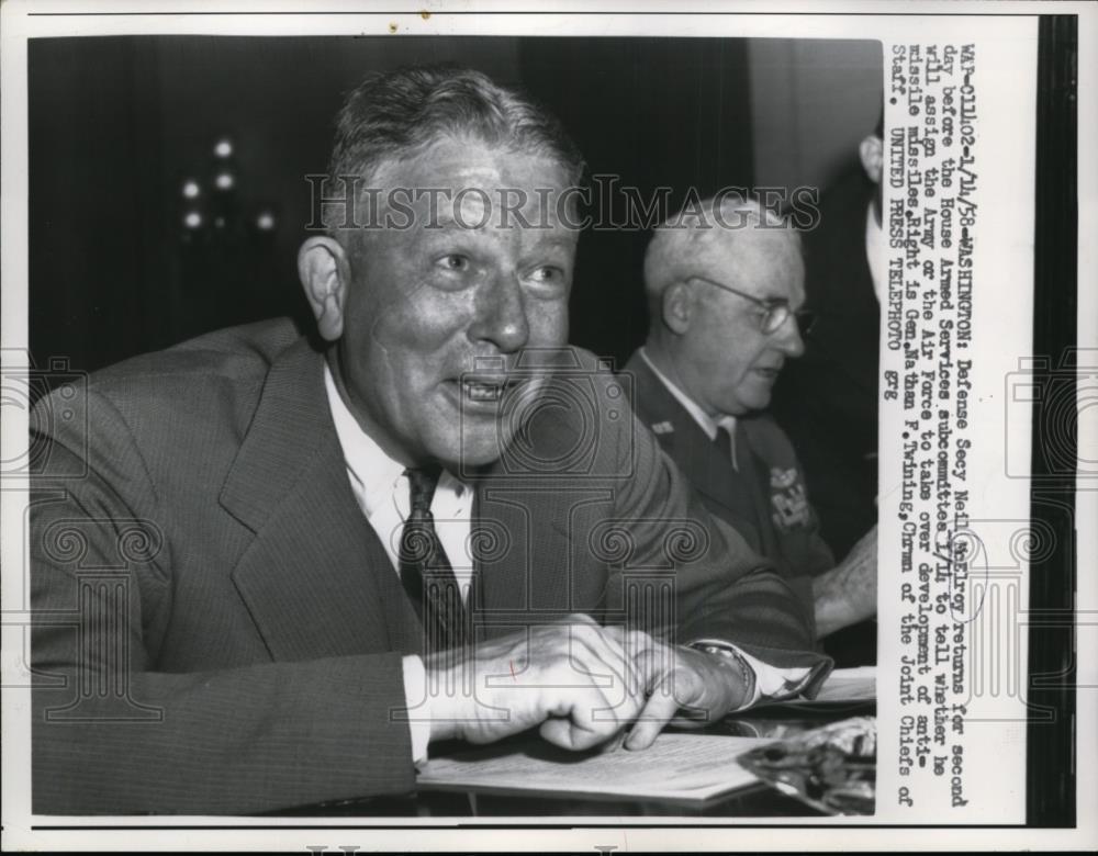 1958 Press Photo Neil McElroy U.S Sec of Defense at House Armed Service - Historic Images