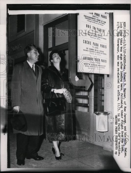 1957 Press Photo NJ Governor Robert Meyner & wife Helen arrive in Paris France - Historic Images