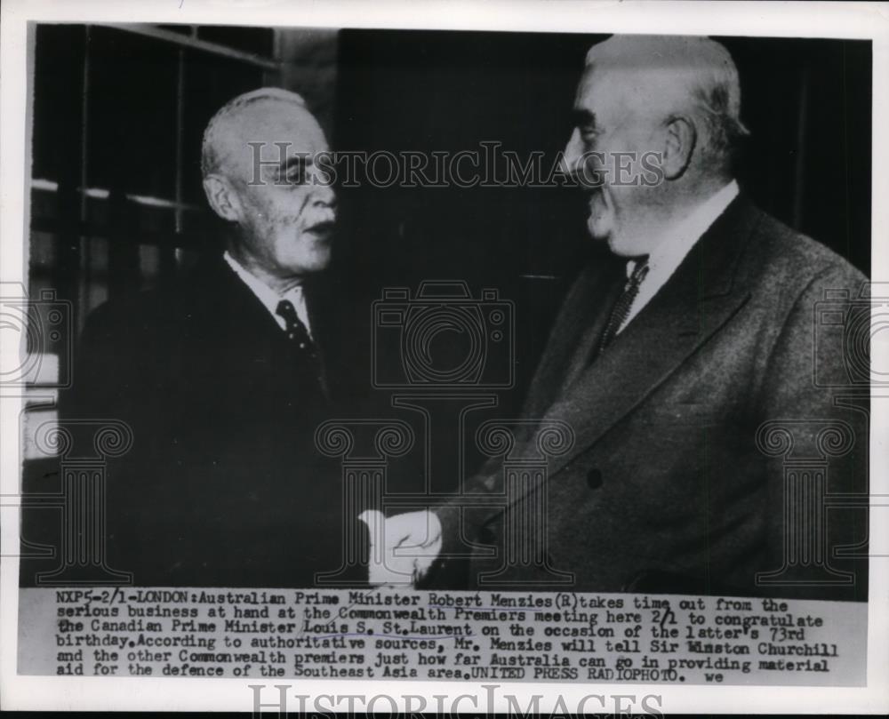 1965 Press Photo Prime Robert Menzies Congratulates Louis St. Laurent - Historic Images