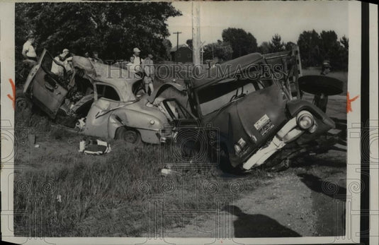 1957 Press Photo Wreckage ofTruck smashed into the car at Copemish Michigan - Historic Images