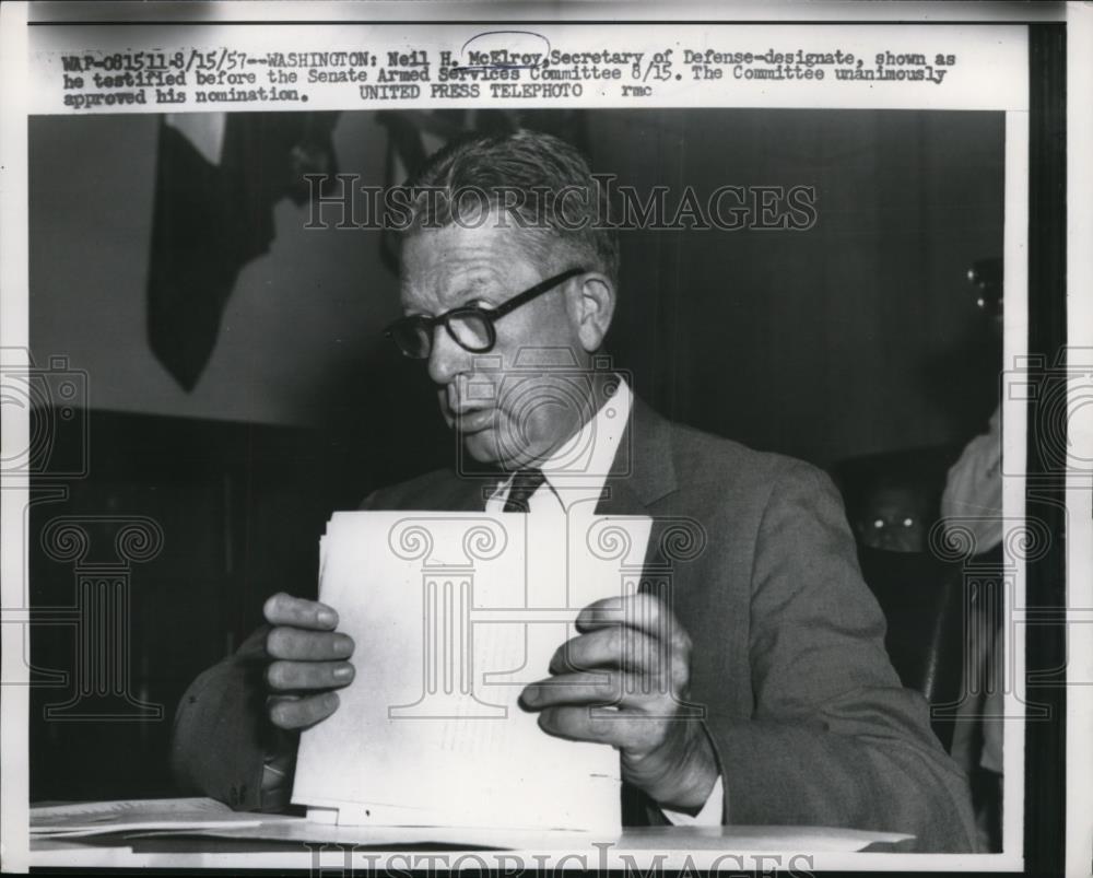 1957 Press Photo Defense Secretary Neil McElroy testifys at Senate - nee88853 - Historic Images