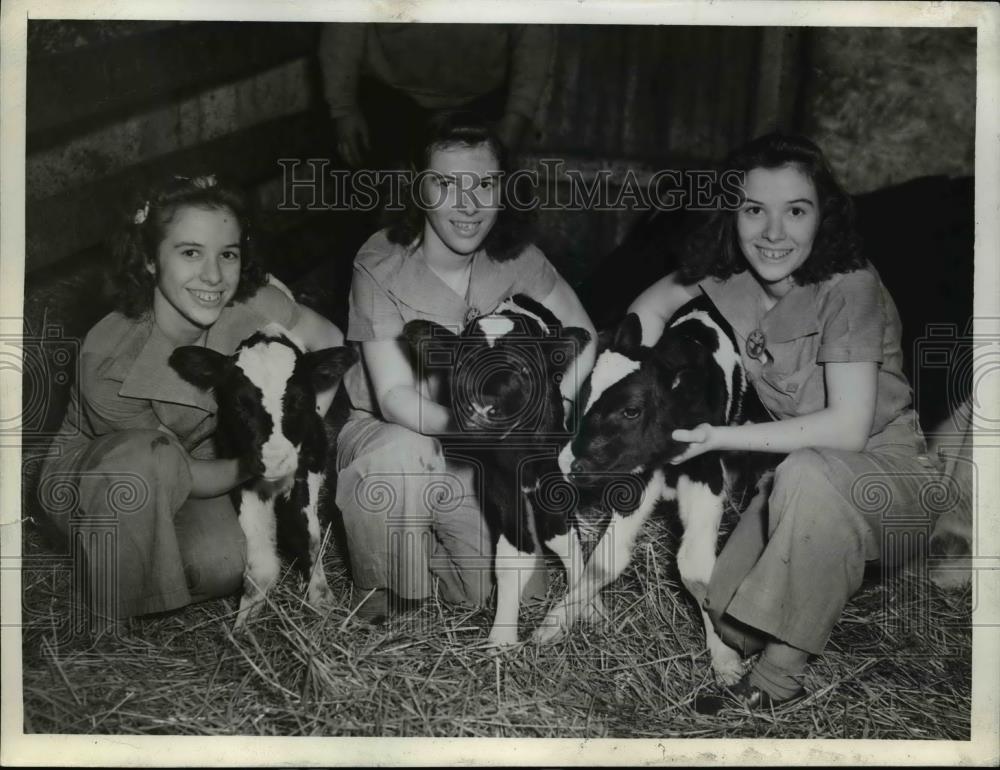 1940 Press Photo Triplets Joy, Jean and Janet Mills with 1 day old Calves - Historic Images