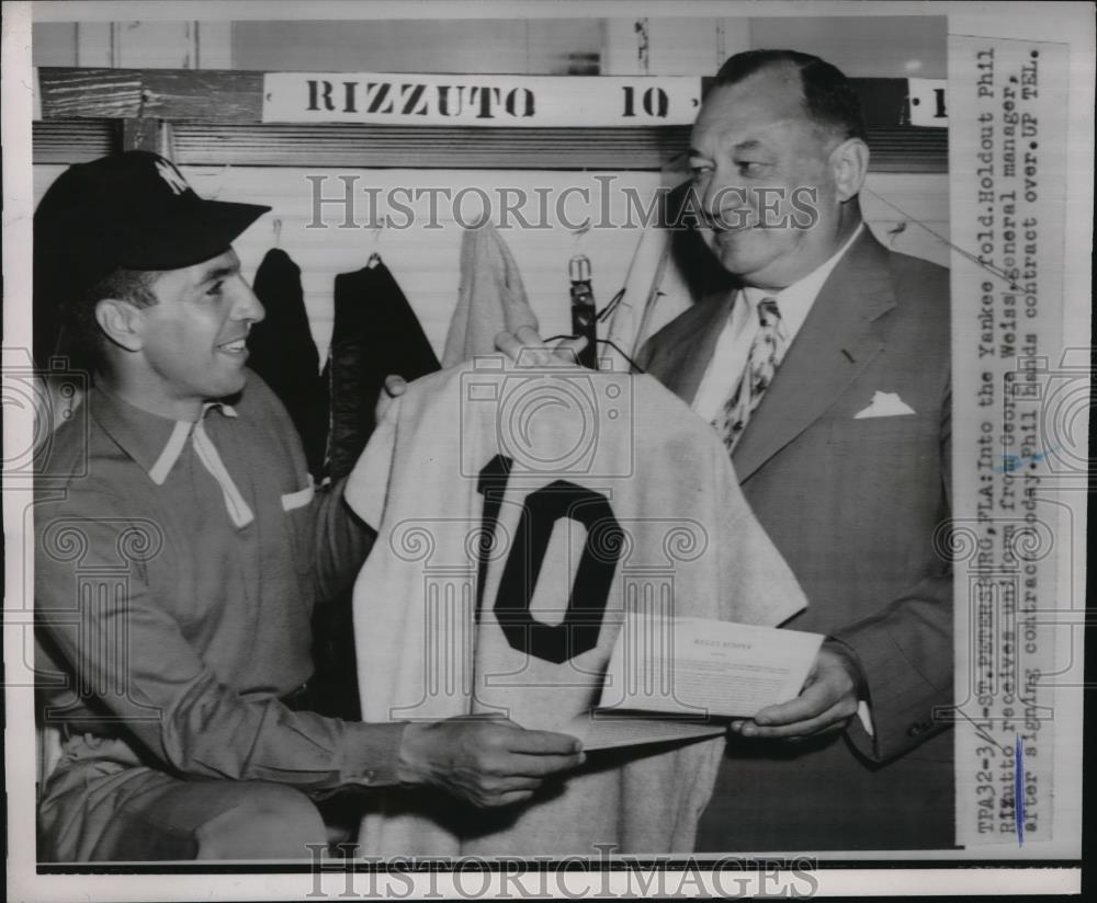 1952 Press Photo Phil Ritzutto of Yankees received uniform from George Weiss - Historic Images
