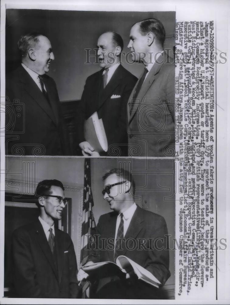 1957 Press Photo L Wade, David Price, N Tauchiya wool businessmen in DC - Historic Images