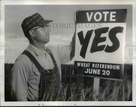 1957 Press Photo Wheat farmer Leo Leopold of Auxvasse & sign for referendum bill - Historic Images