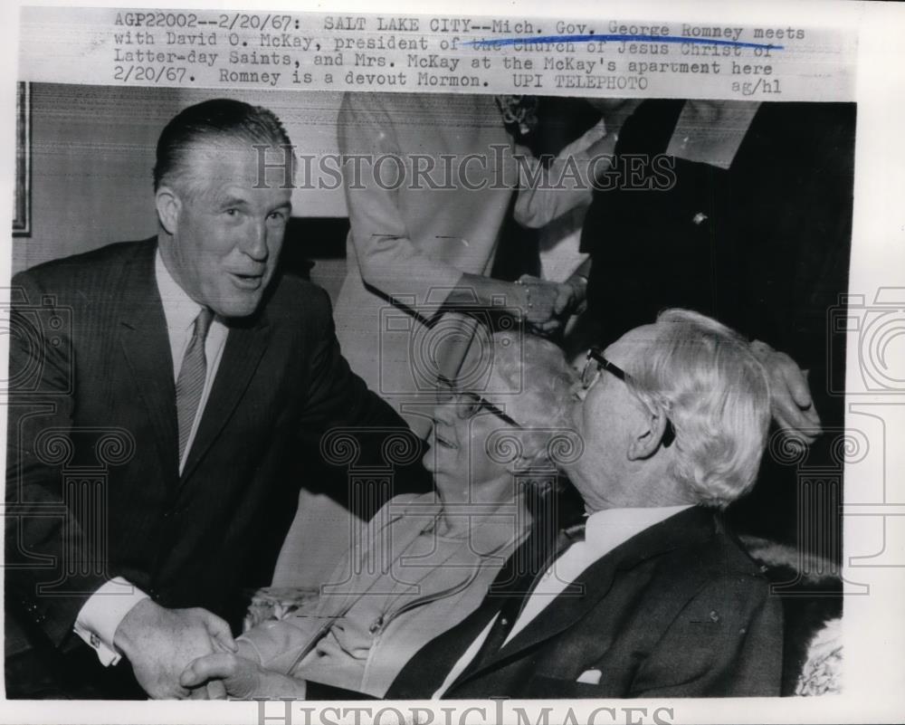 1967 Press Photo L-R Governor George Romney with Mr. and Mrs.David O. Mckay - Historic Images