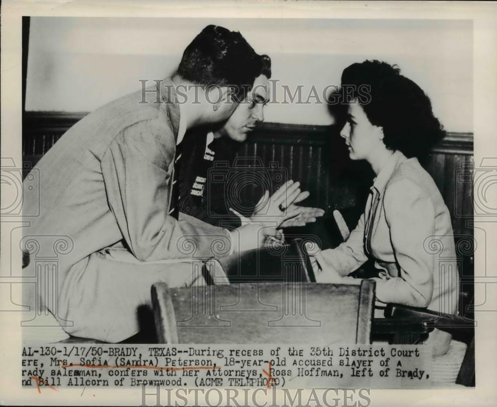 1950 Press Photo Mrs. Sofia Peterson Confers With Her Attorneys - nee90382 - Historic Images