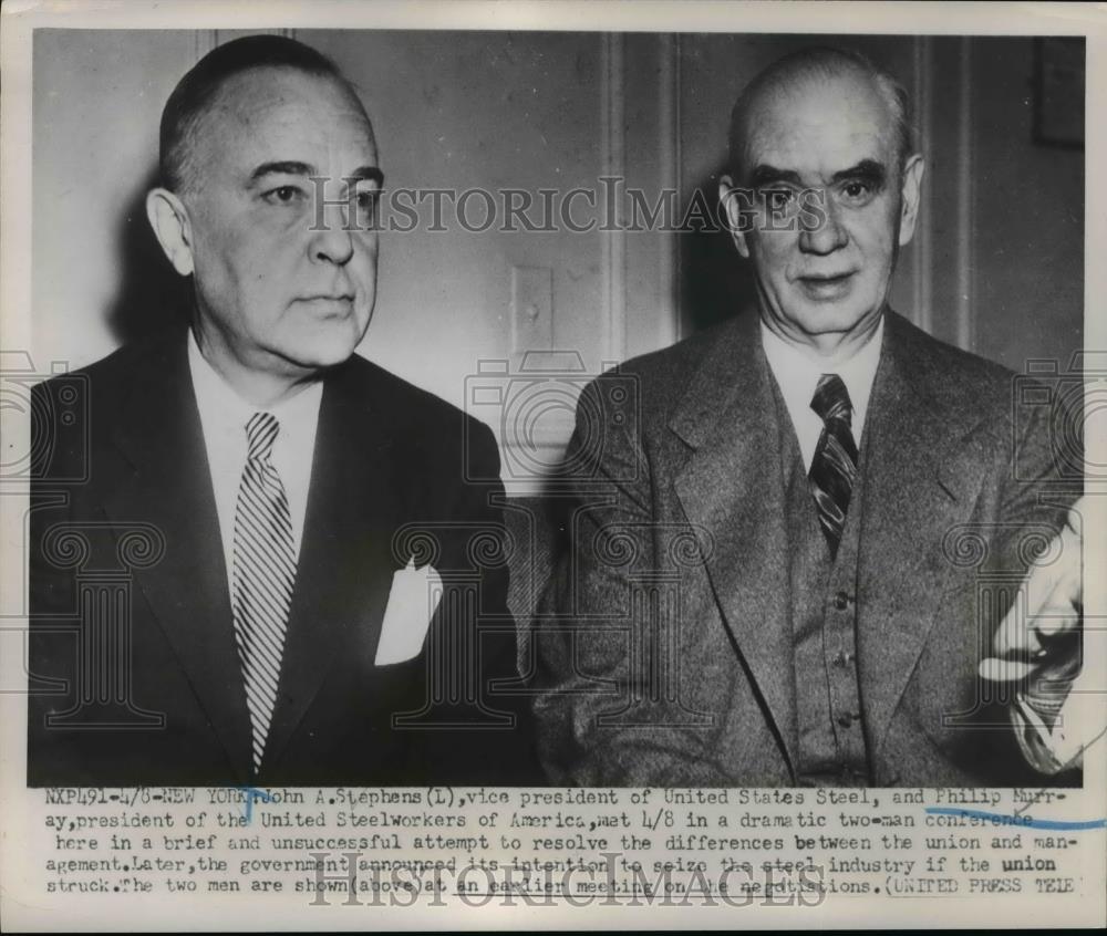 1952 Press Photo John Stephens VP of US Steel &amp; Philip Murray of USW union - Historic Images