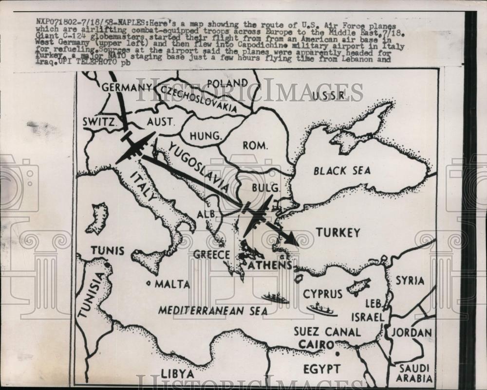 1958 Press Photo Map of USAF airlift route from Germany to Turkey - nem32068 - Historic Images