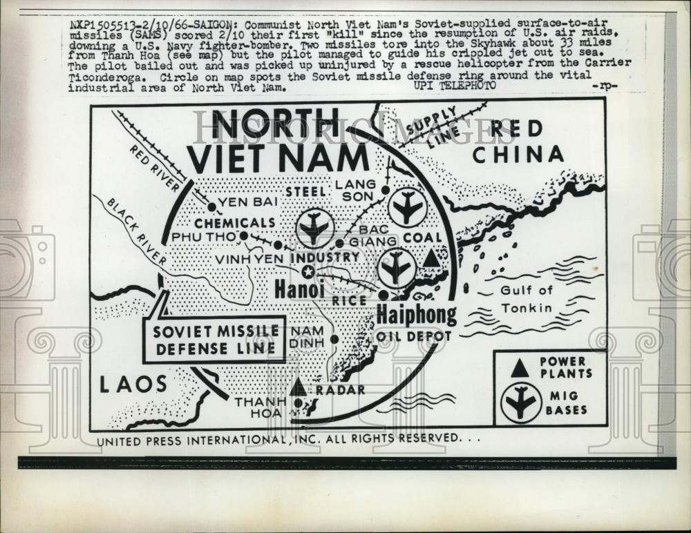 1966 Press Photo Map of North Vietnam area defenses that downed US plane - Historic Images