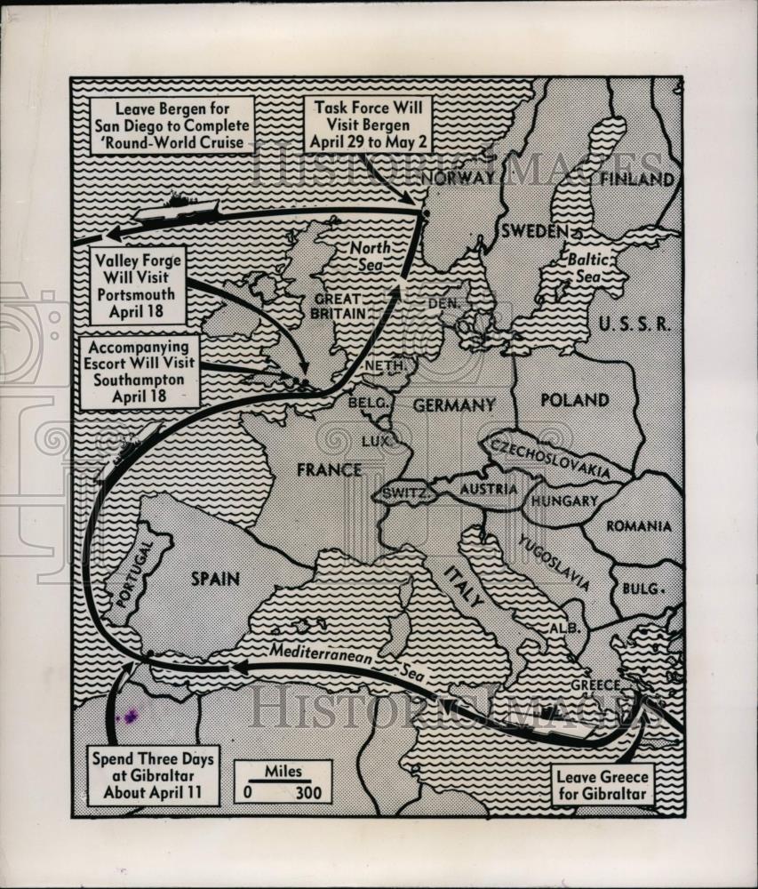 1948 Press Photo Map of route of carrier Valley Forge on good will tour - Historic Images