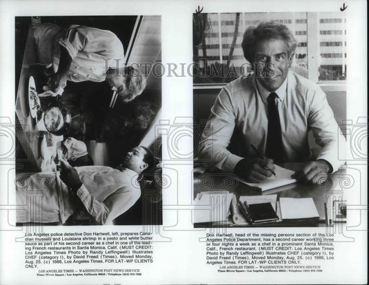 1986 Press Photo Don Hartwell prepares Canadian mussels and Louisianan shrimp - Historic Images