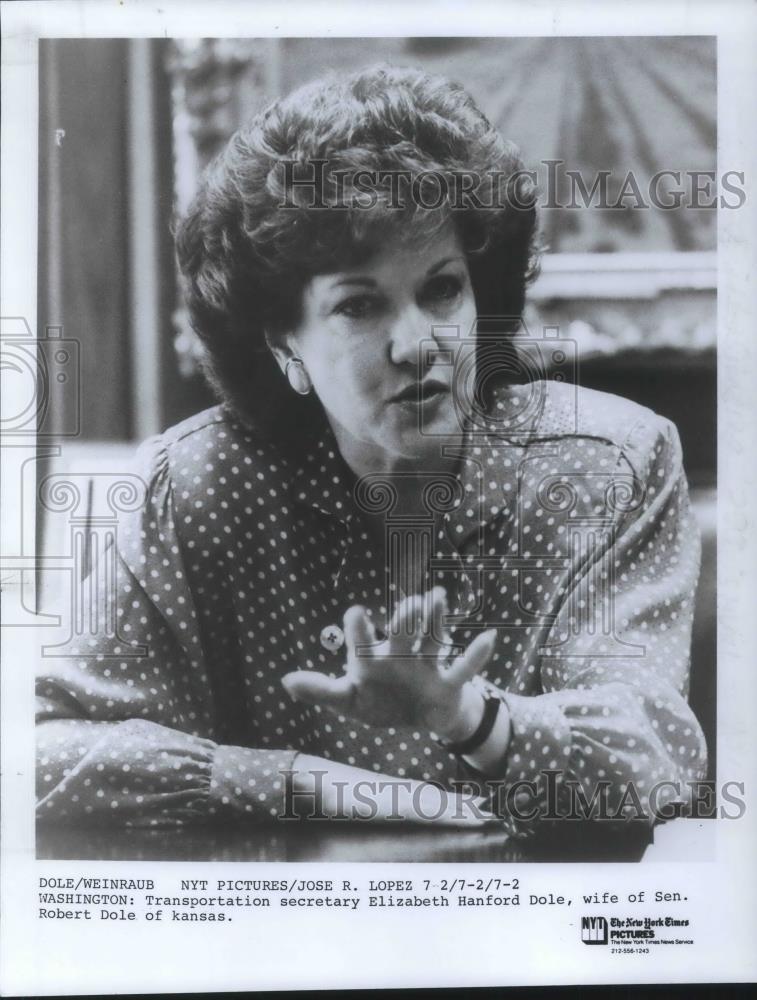 1987 Press Photo Transportation Secretary Elizabeth Hanford Dole Wife of Senator - Historic Images