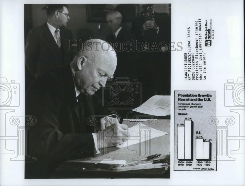 1984 Press Photo President Dwight Eisenhower Signing Bill Making Hawaii a State - Historic Images