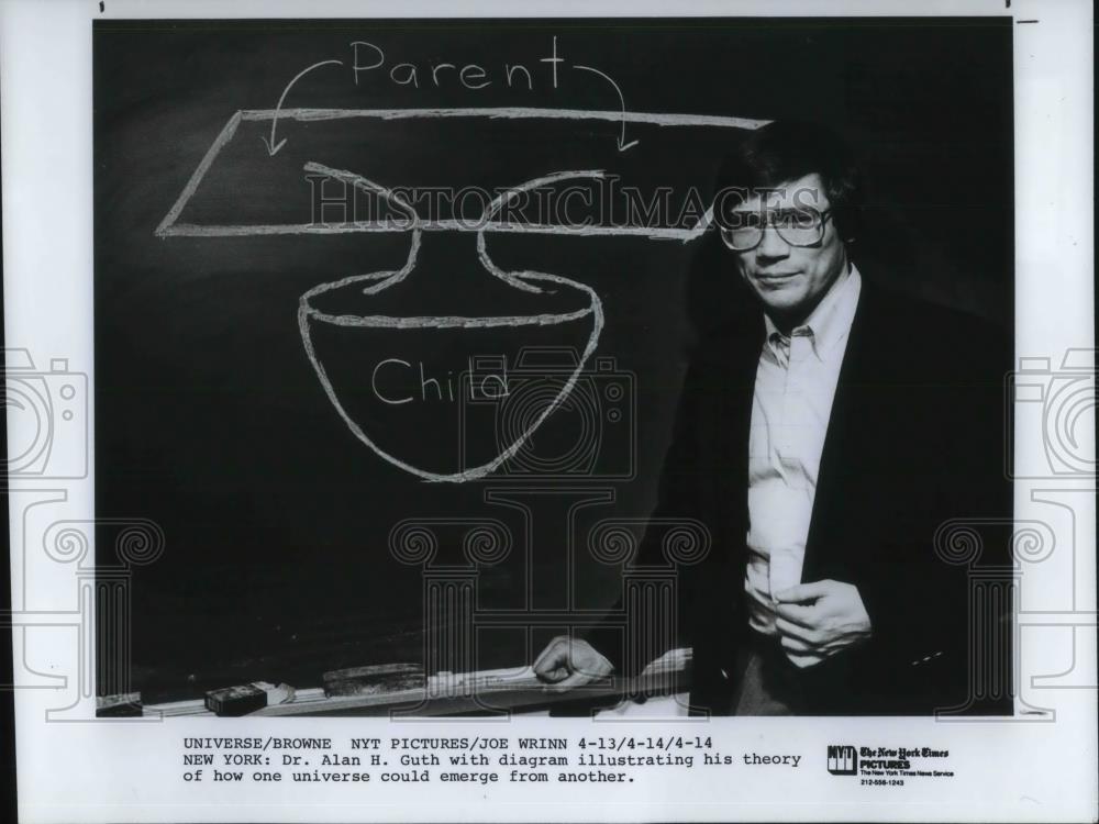 1987 Press Photo Dr. Alan H. Guth illustrates his universe theory - cvp17878 - Historic Images