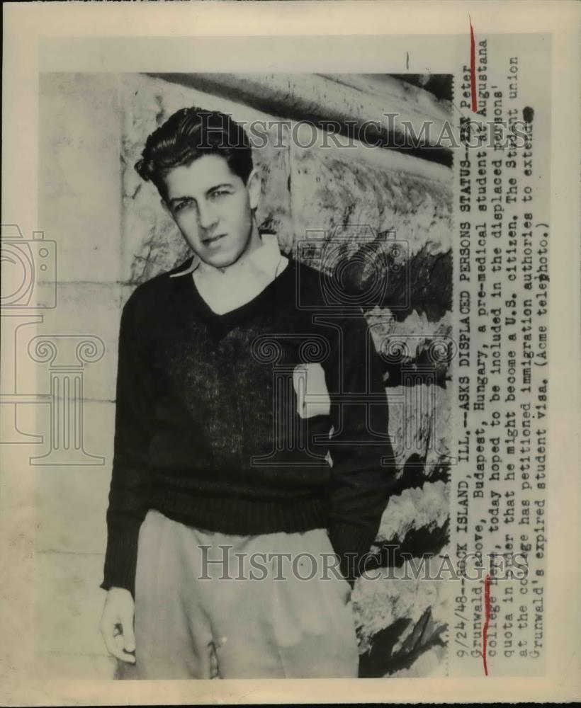 1948 Press Photo Peter Grunwald,Hungary,Premed student at Augustana College - Historic Images