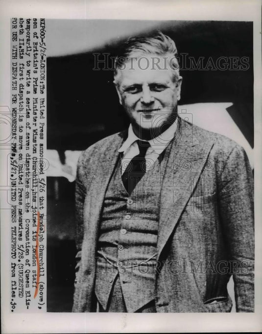 1953 Press Photo Randolph Churchill joins the staff of United Press in London - Historic Images