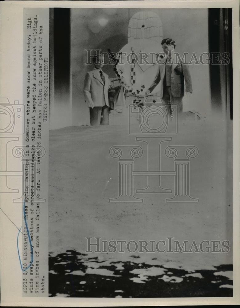 1952 Press Photo Fashion advertisement of two boys posing with a snowman - Historic Images