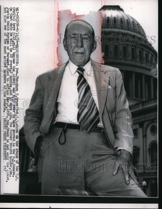 1956 Press Photo Sen Theodore F Green on steps of U.S. Capital, Washington - Historic Images