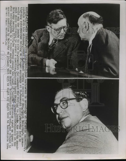 1953 Press Photo Harry Grundfest of Columbia Univ. confers with his Attorney - Historic Images