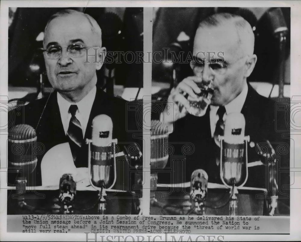 1952 Press Photo Pres. Harry Truman delivered his State of the Union Message - Historic Images