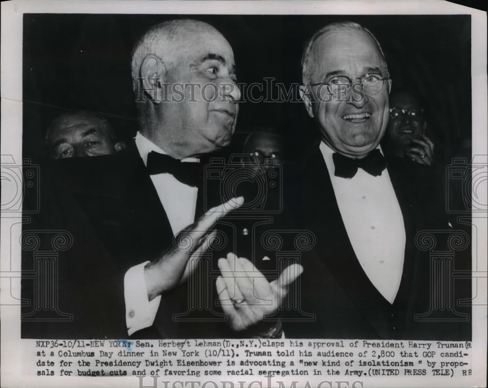 1952 Press Photo Sen Herbert Lehman & President Harry Truman at dinner - Historic Images