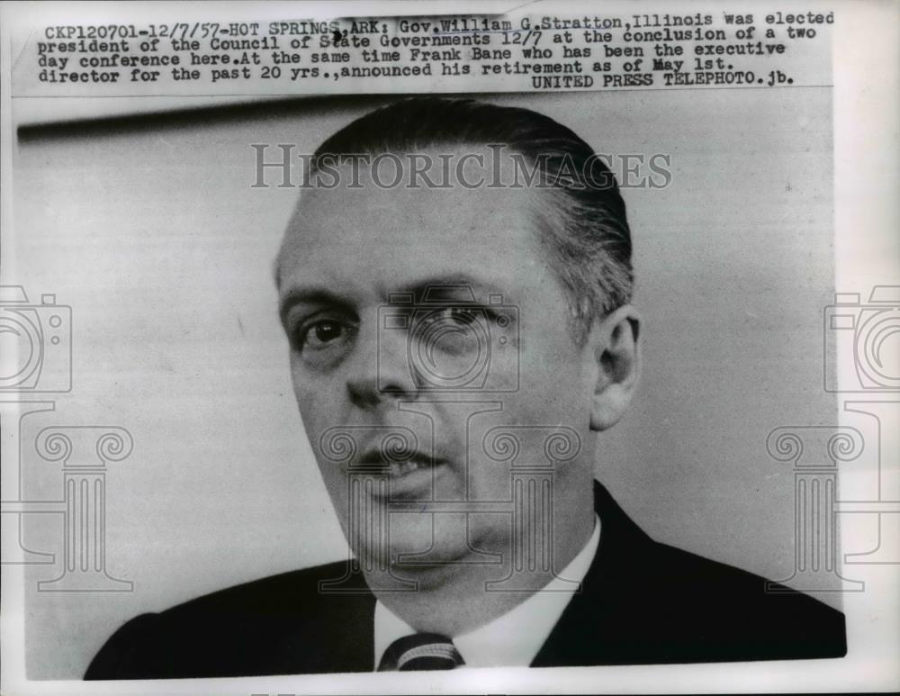 1957 Press Photo Gov. William G.Stratton of Ill. during press conference at Ark - Historic Images