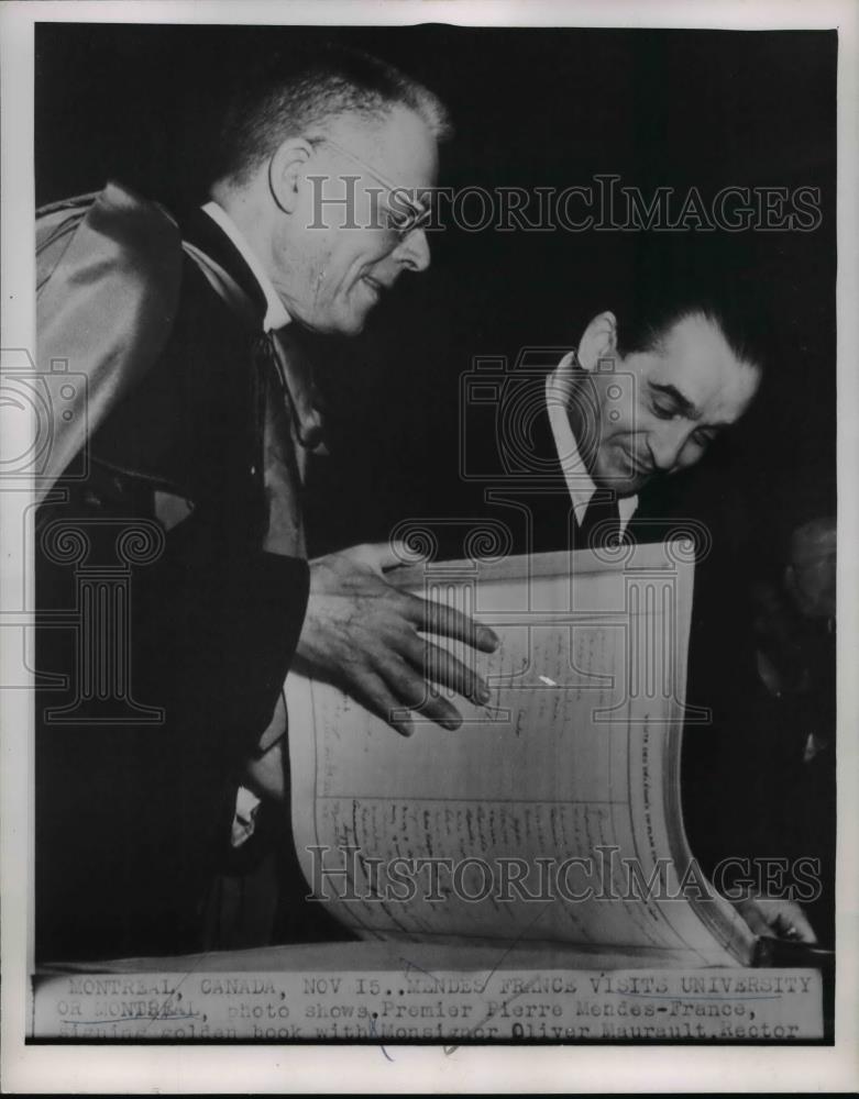 1954 Press Photo Mendes France visit University omf Montreal signing golden Book - Historic Images