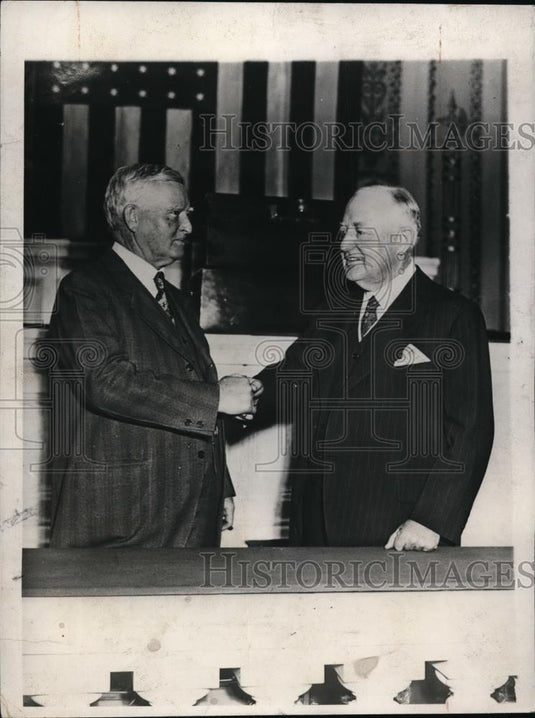 1931 Press Photo John Garner shakes hands with Bernard Snell in Washington DC - Historic Images
