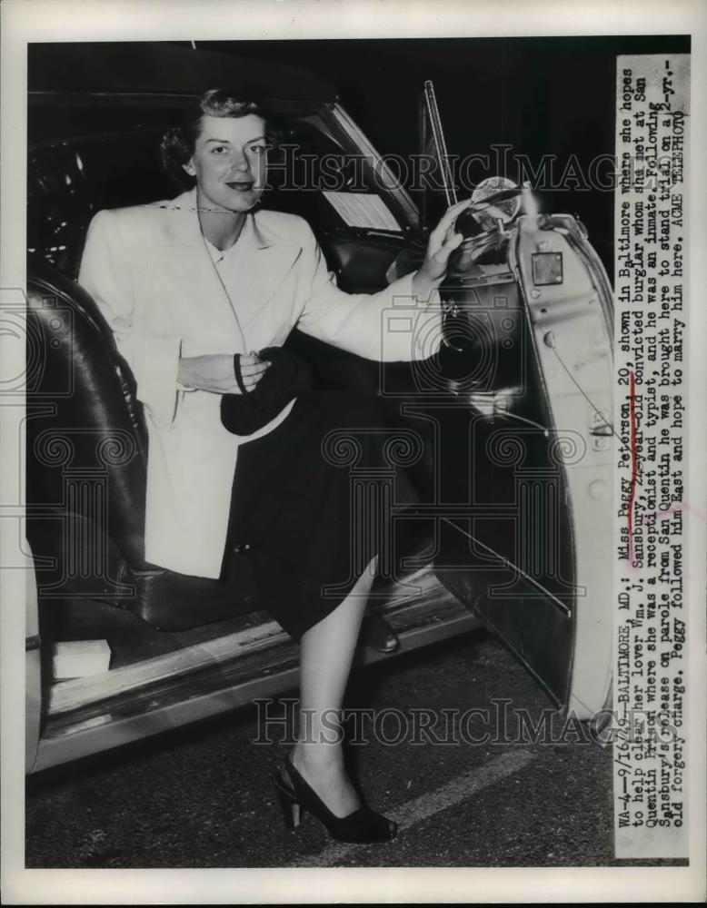 1949 Press Photo Peggy Peterson testify for her lover convicted of burglar - Historic Images