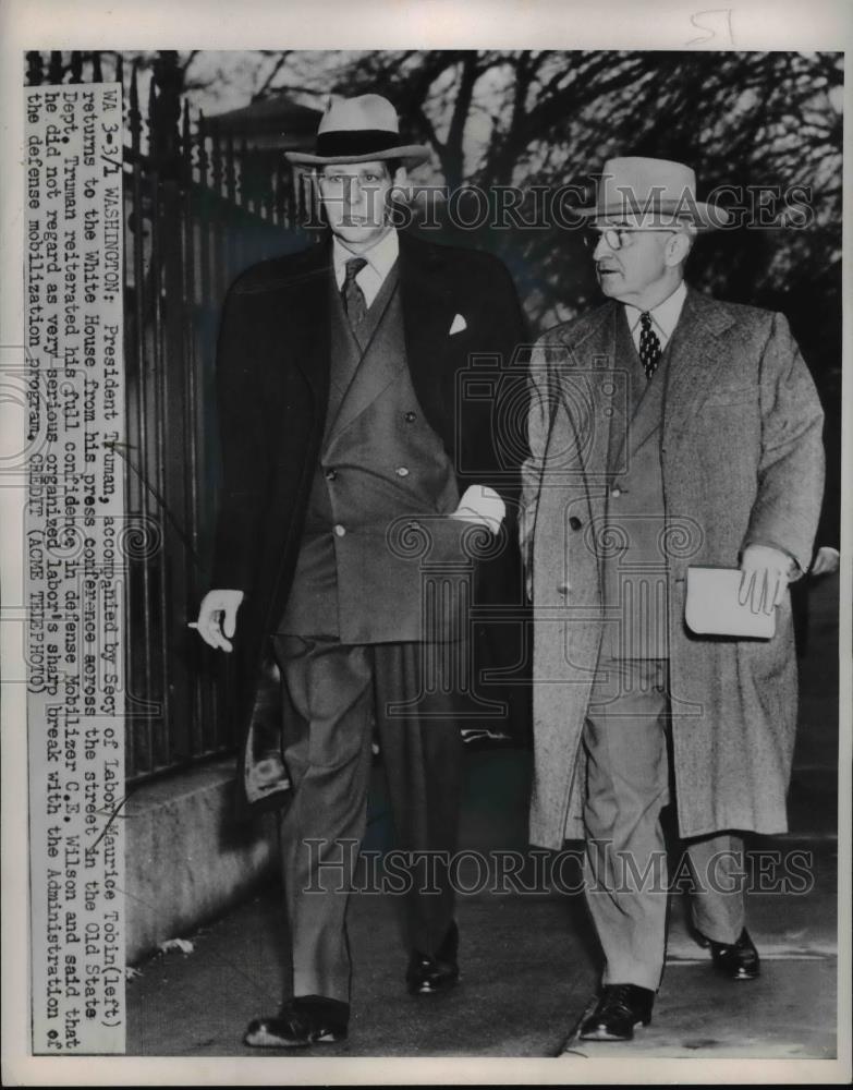 1951 Press Photo Pres. Harry S.Truman with Secretary of Labor Maurice Tobin - Historic Images