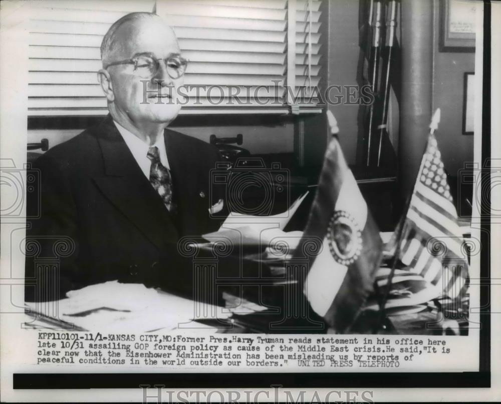 1956 Press Photo Former President Harry Truman reads statement - nee91768 - Historic Images