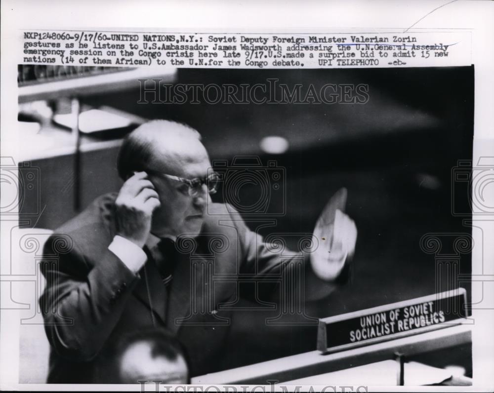 1960 Press Photo Soviet Deputy Foreign Minister Valerian Zorin gestures - Historic Images