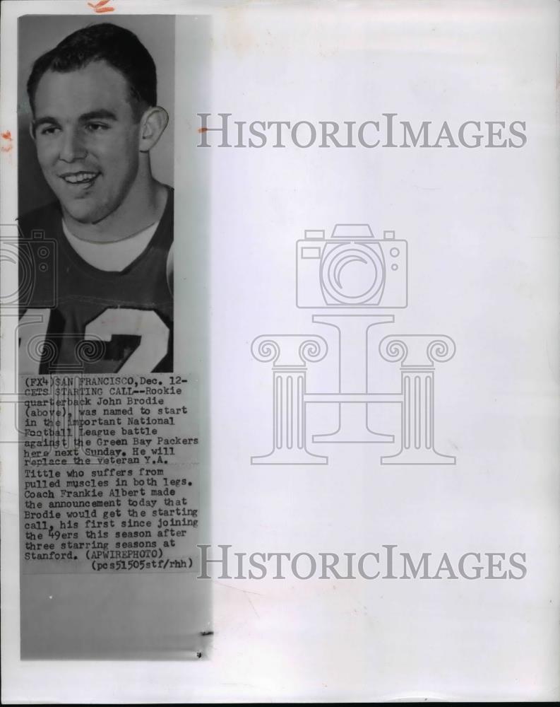 1957 Press Photo Rookie quarterback John Brodie-National Football League - Historic Images