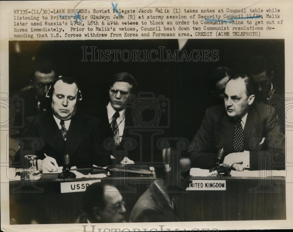 1950 Press Photo Soviet Delegate Jacob Malik And British Delegate Gladwyn Jebb - Historic Images