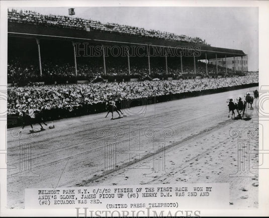 1952 Press Photo James Picou on Andy's Glory wins at Belmont NY vs Henry DM - Historic Images